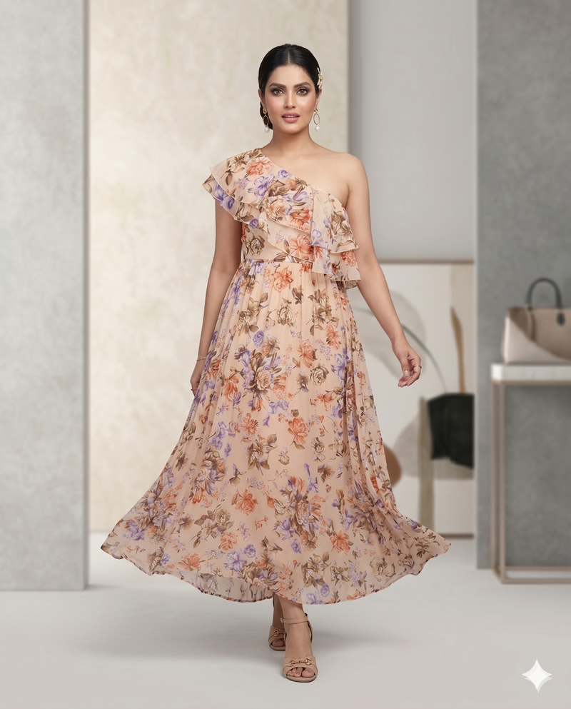 Peach Floral One-Shoulder Maxi Dress