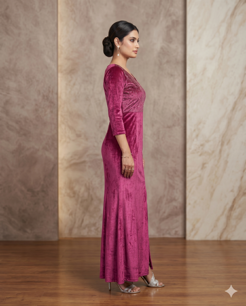 Berry Pink Velvet Embellished Bodycon Gown with Front Slit