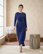 Navy Blue Draped Saree-Style Gown with Crystal Fringe