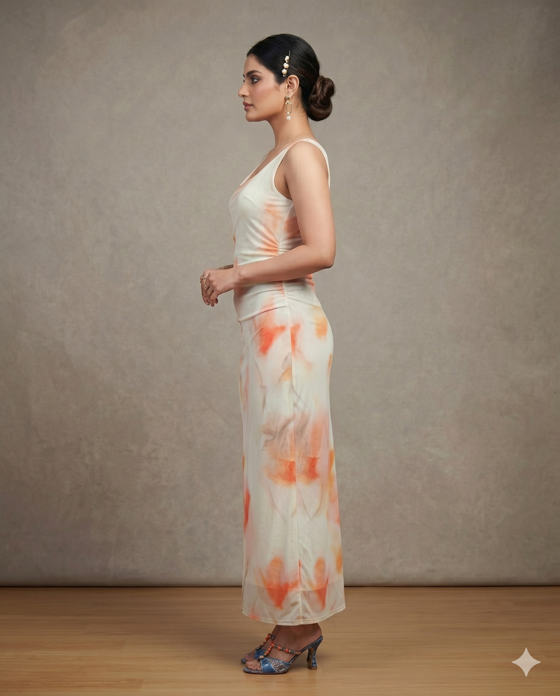 Ivory Floral Watercolour Ruched Midi Dress
