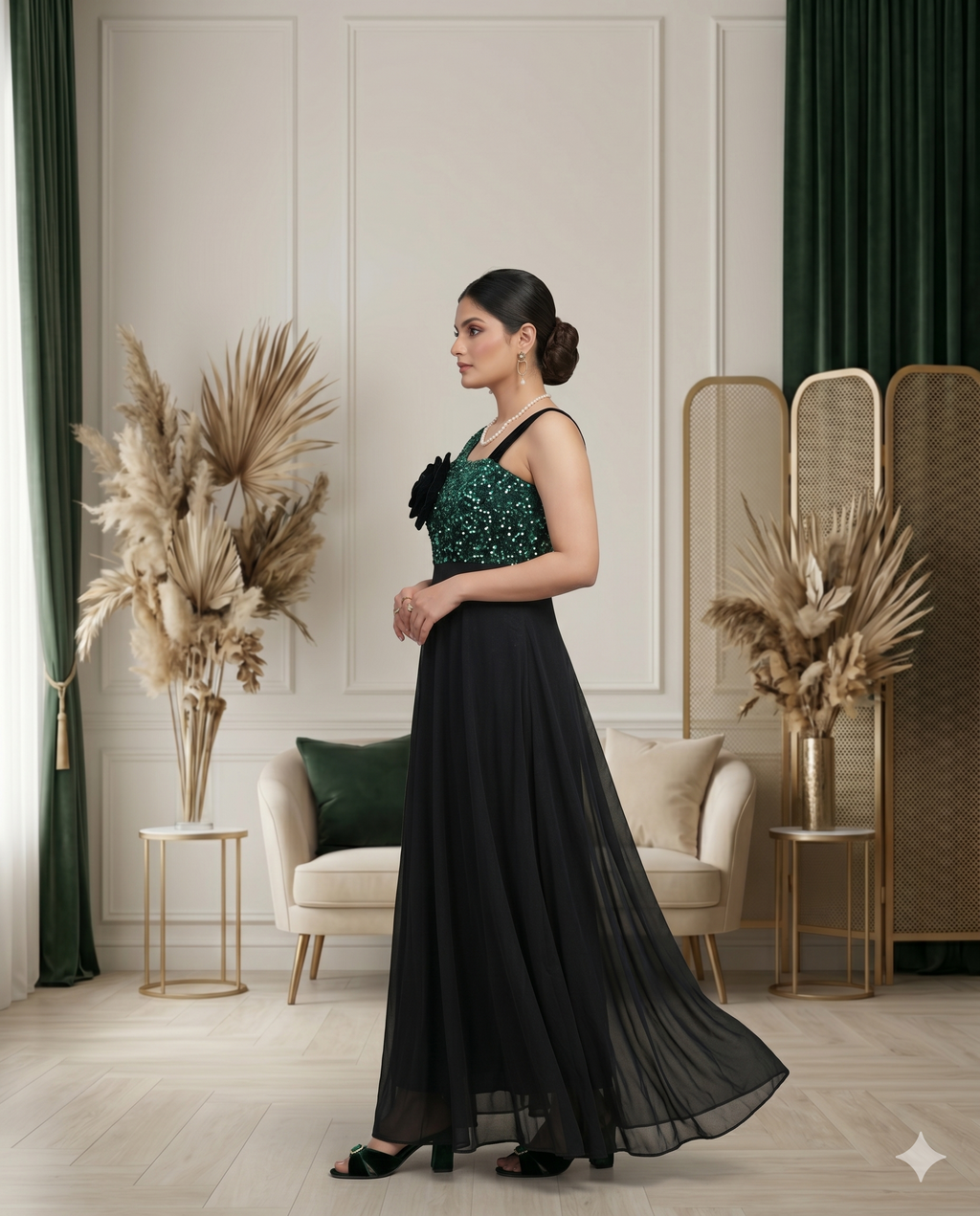 Maxikleid Smaragd-Pailletten & Schwarzer Chiffon mit ausgestelltem Rock und Samtrosette