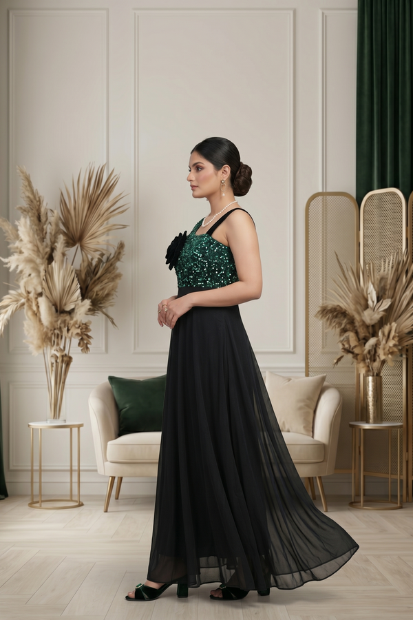 Emerald Sequin & Black Chiffon Flared Maxi Gown with Velvet Rosette