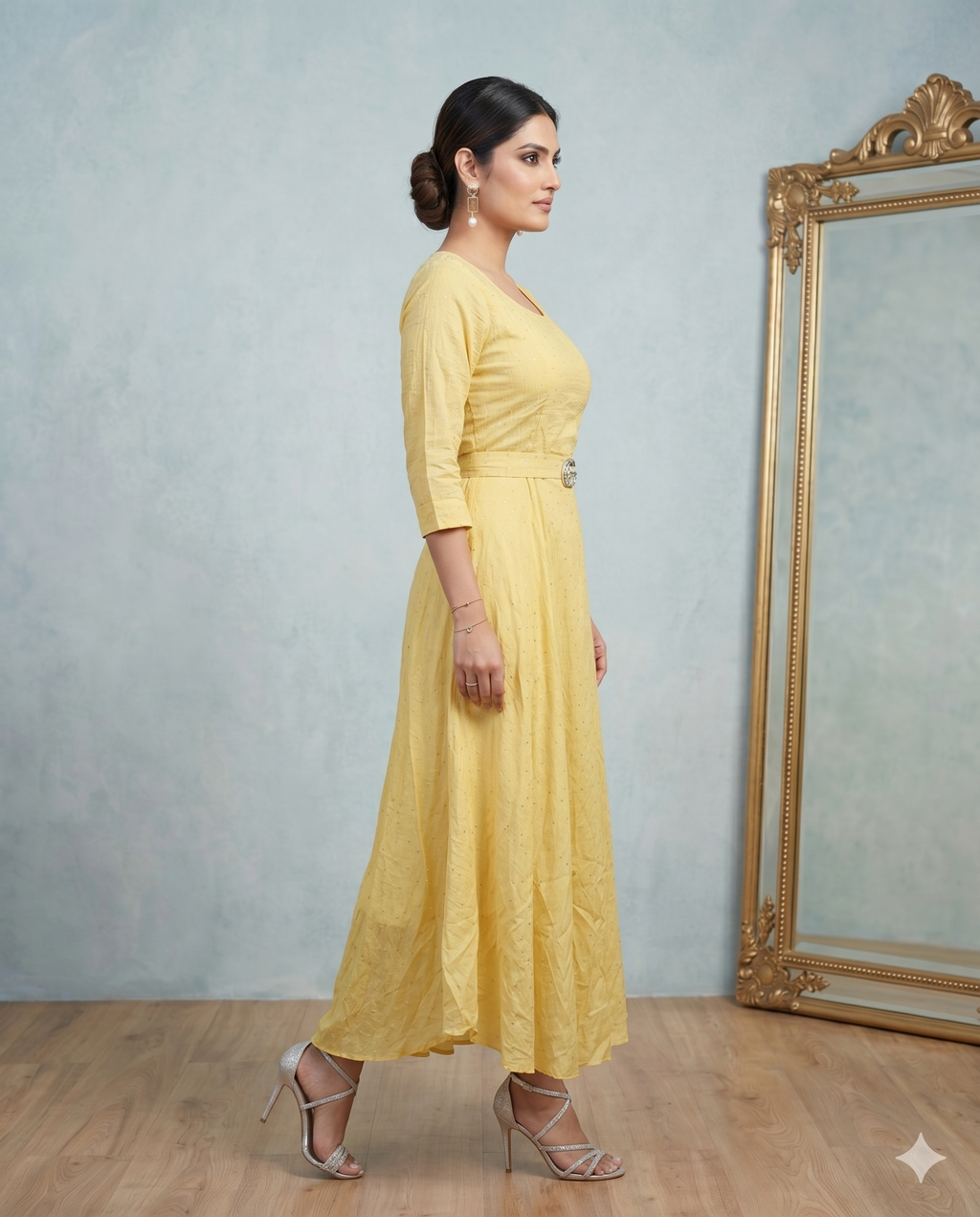 Butter Yellow Sequin Flared Midi Dress with Belt