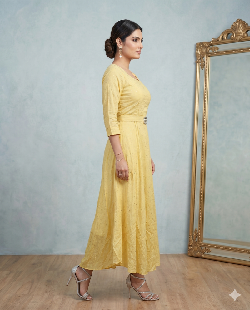 Butter Yellow Sequin Flared Midi Dress with Belt