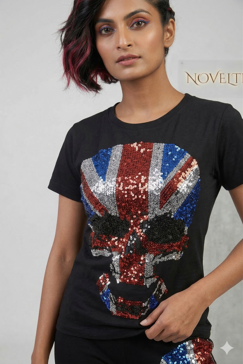 Black Sequin Skull Union Jack Co-ord Set