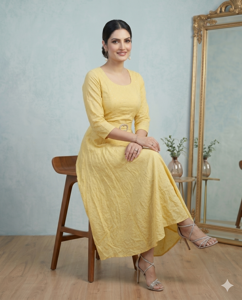 Butter Yellow Sequin Flared Midi Dress with Belt