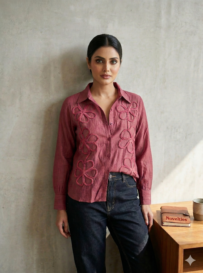 Floral Appliqué Crinkle Shirt