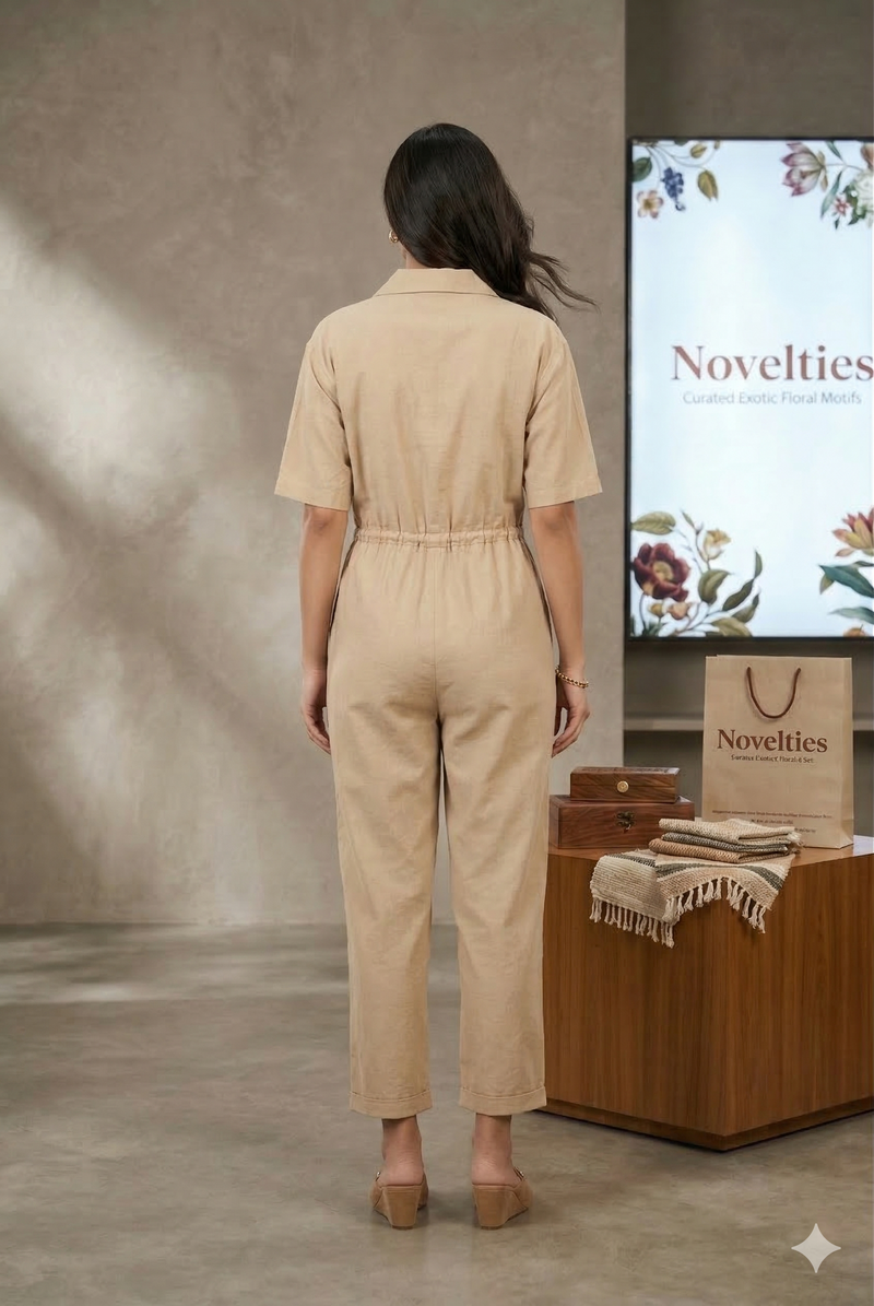 Beige Linen Drawstring Jumpsuit