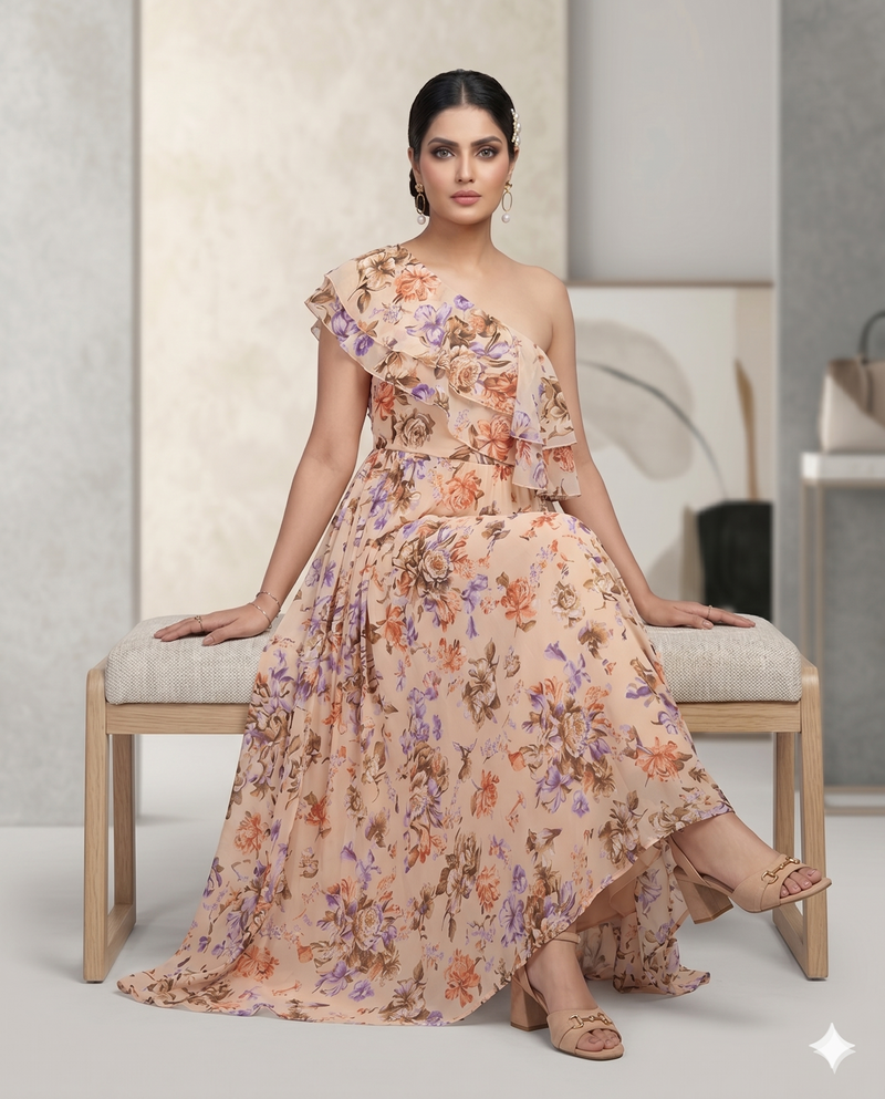Peach Floral One-Shoulder Maxi Dress