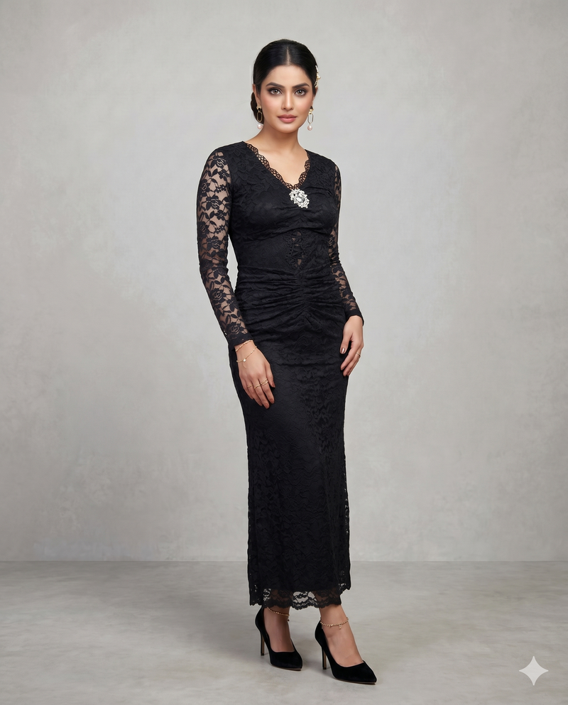 Black Floral Lace Bodycon Midi Dress with Brooch Detail