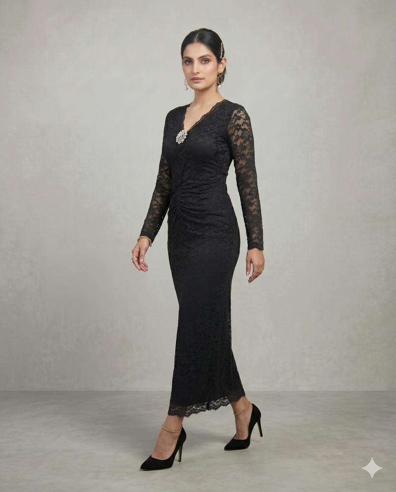 Black Floral Lace Bodycon Midi Dress with Brooch Detail