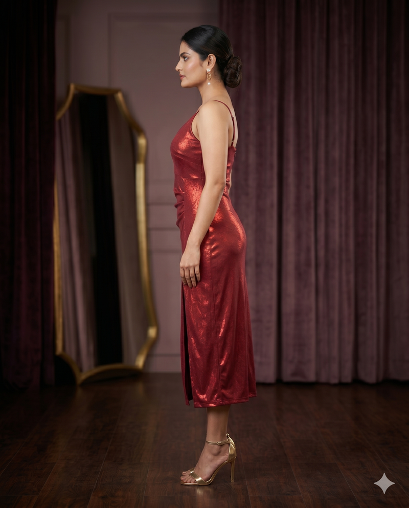 Red Metallic Slit Midi Dress