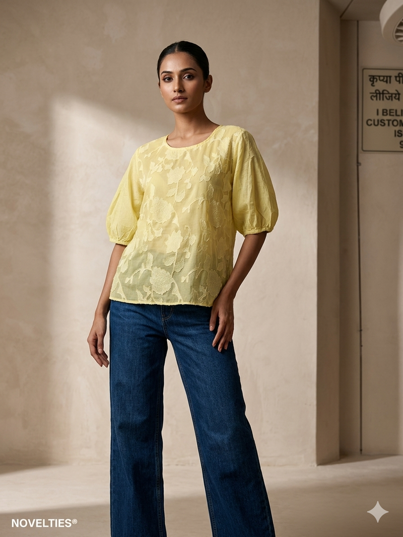 Butter Yellow Braso Floral Puff Sleeve Top