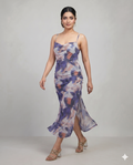 Purple Abstract Print Ruched Mesh Bodycon Midi Dress