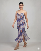 Purple Abstract Print Ruched Mesh Bodycon Midi Dress