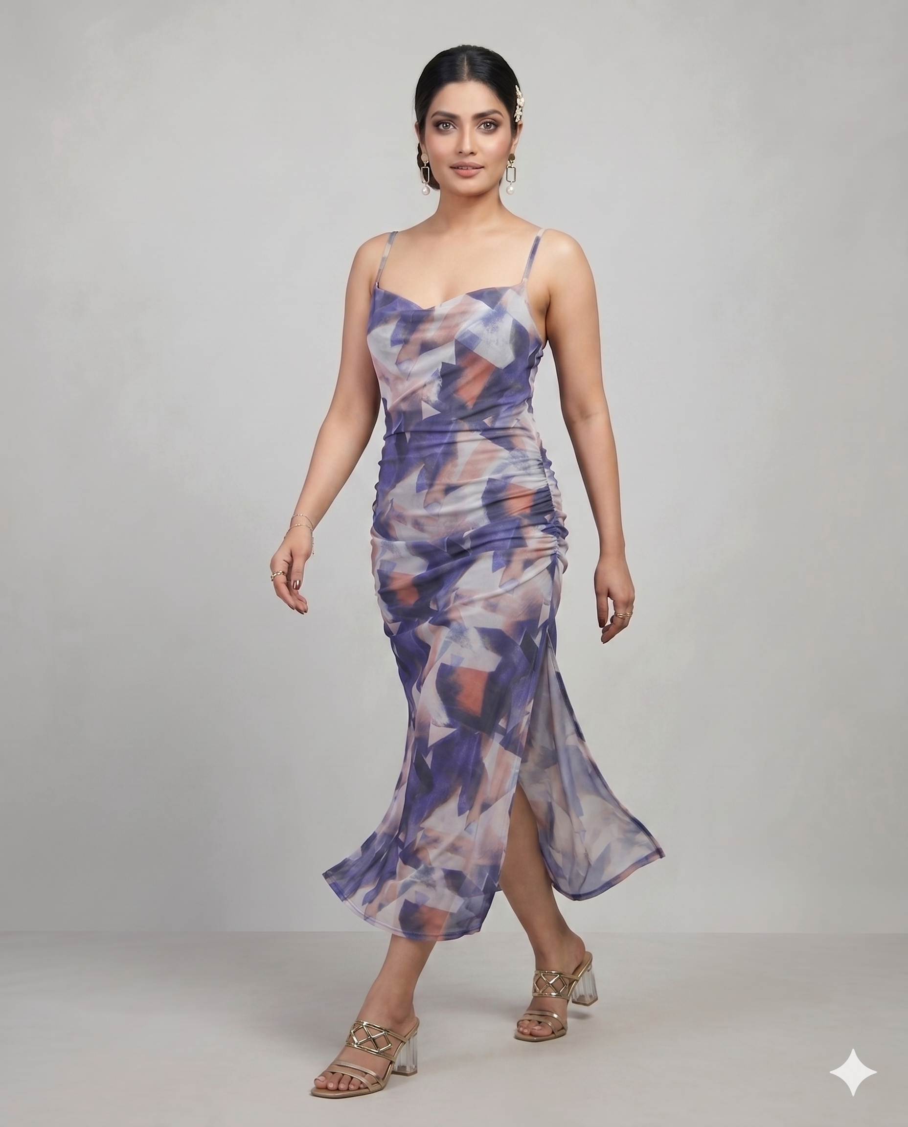 Lila abstrakt bedrucktes, gerafftes Bodycon-Midikleid aus Mesh