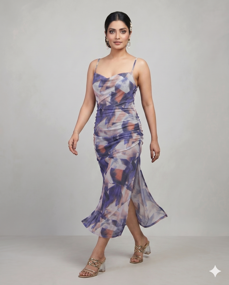 Purple Abstract Print Ruched Mesh Bodycon Midi Dress