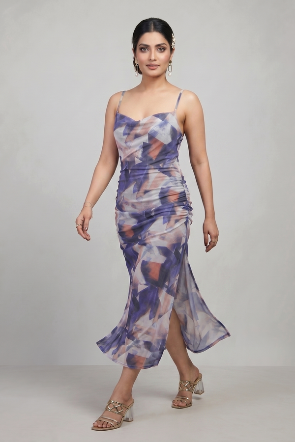 Purple Abstract Print Ruched Mesh Bodycon Midi Dress