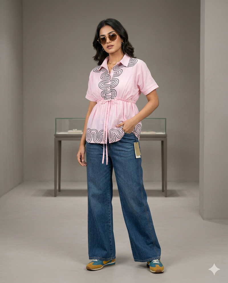 Pink Embroidered Tie-Waist Top