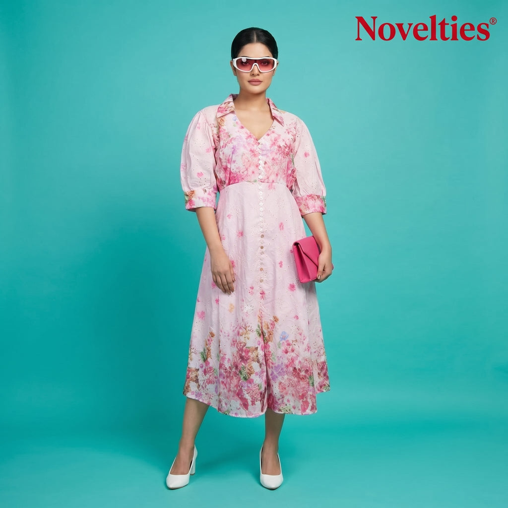 Pink Floral Print Puff Sleeve Button-Down Midi Dress