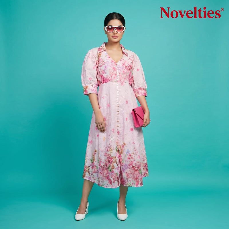Pink Floral Print Puff Sleeve Button-Down Midi Dress