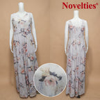 Graues Maxi-Baumwollkleid mit Rosenprint und verziertem Gürtel