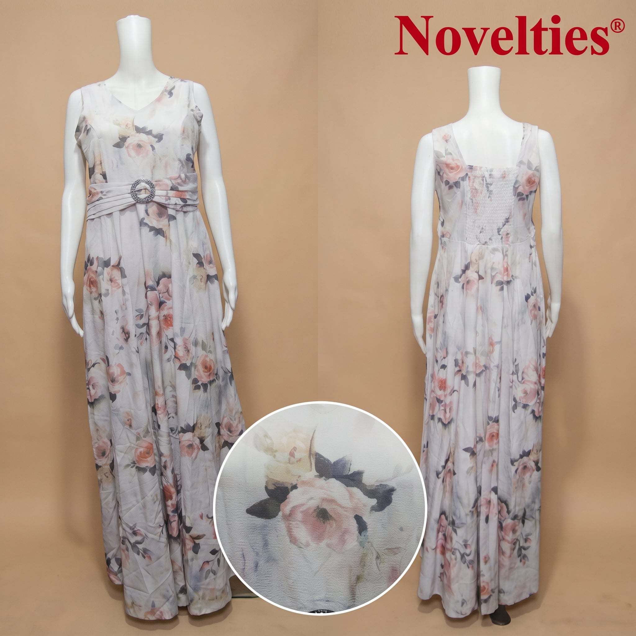 Grey Rose Print Cotton Maxi Gown with Embellished Belt