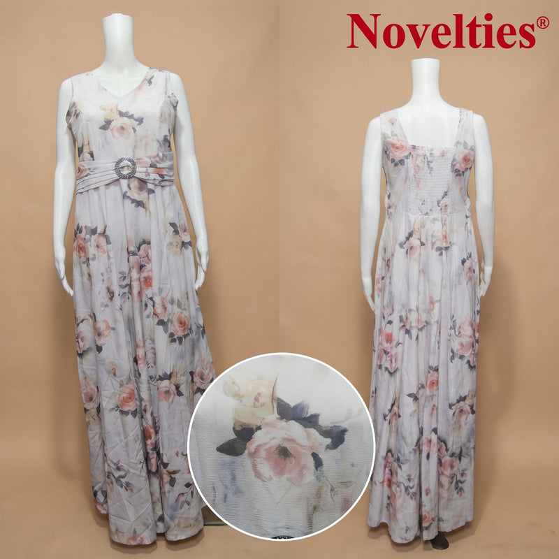 Grey Rose Print Cotton Maxi Gown with Embellished Belt