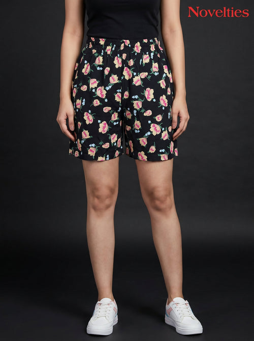 Black Floral Print Shorts