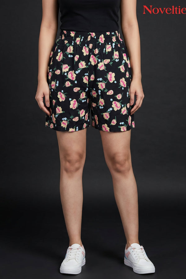 Black Floral Print Shorts