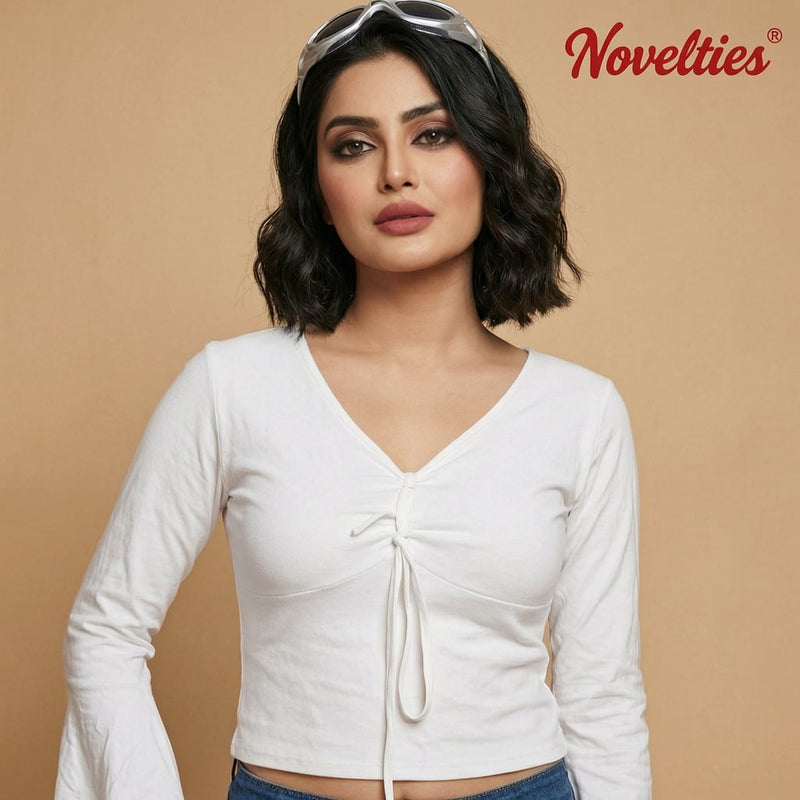 V-Neck Drawstring Ruched Bell Sleeve Crop Top