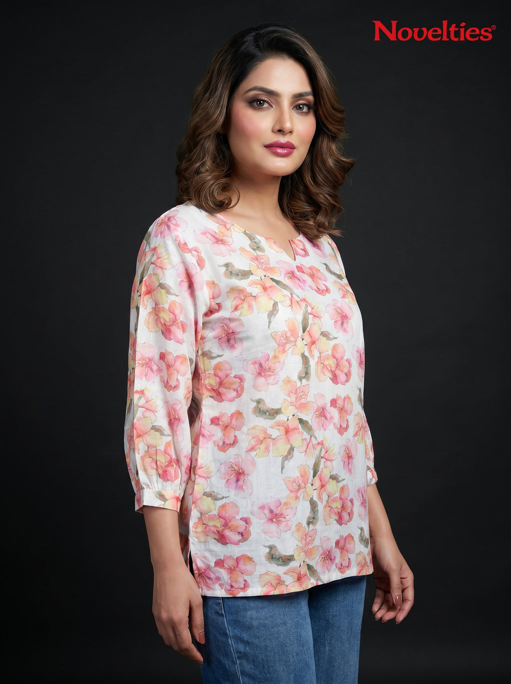 Watercolour Floral Print Round Neck Peplum Top
