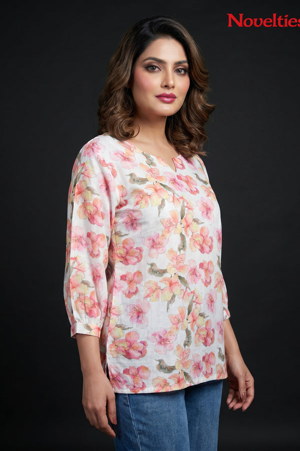 Watercolour Floral Print Round Neck Peplum Top