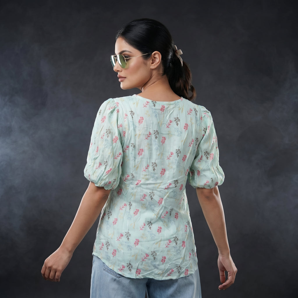 Mint Garden Puff Sleeve Top