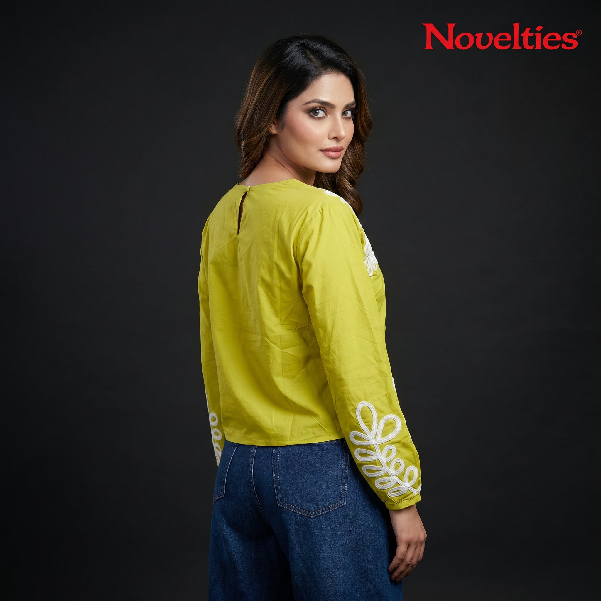 Lime Green Appliqué Embroidered Full Sleeve Crop Top