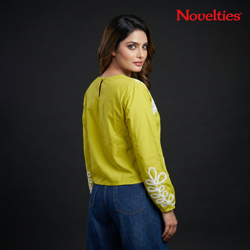 Lime Green Appliqué Embroidered Full Sleeve Crop Top