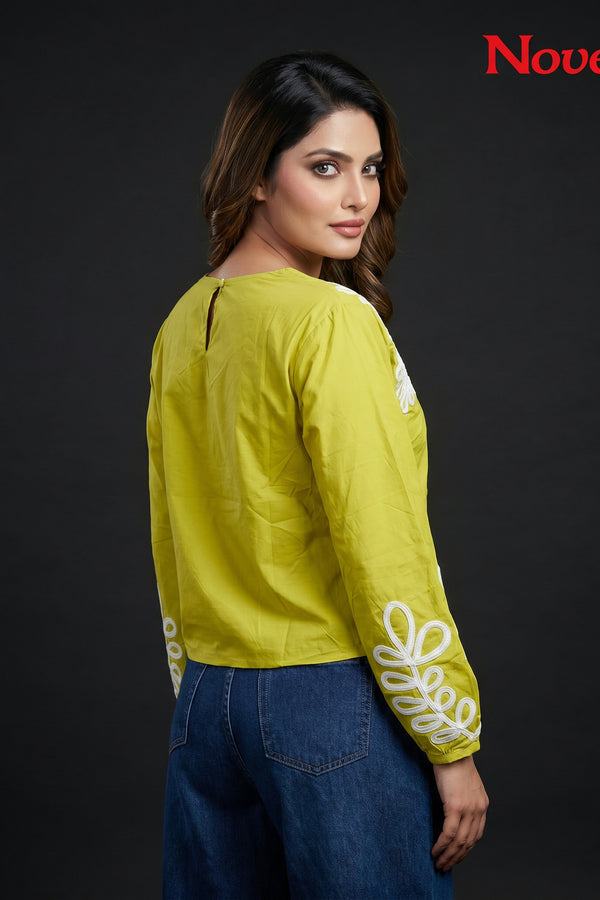 Lime Green Appliqué Embroidered Full Sleeve Crop Top