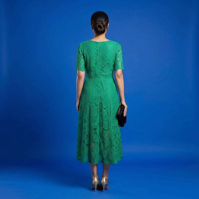 Emerald Green Floral Lace Midi Dress