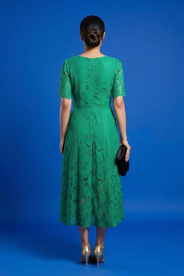 Emerald Green Floral Lace Midi Dress