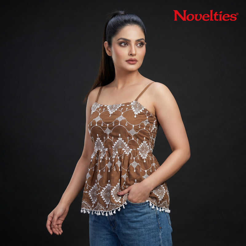Brown Chikankari Embroidered Peplum Top