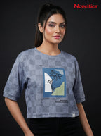 Checkered Jacquard Botanical Graphic Crop Tee