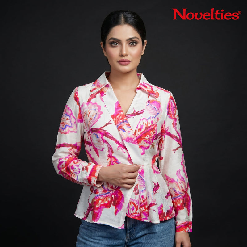White Floral Print Wrap Top