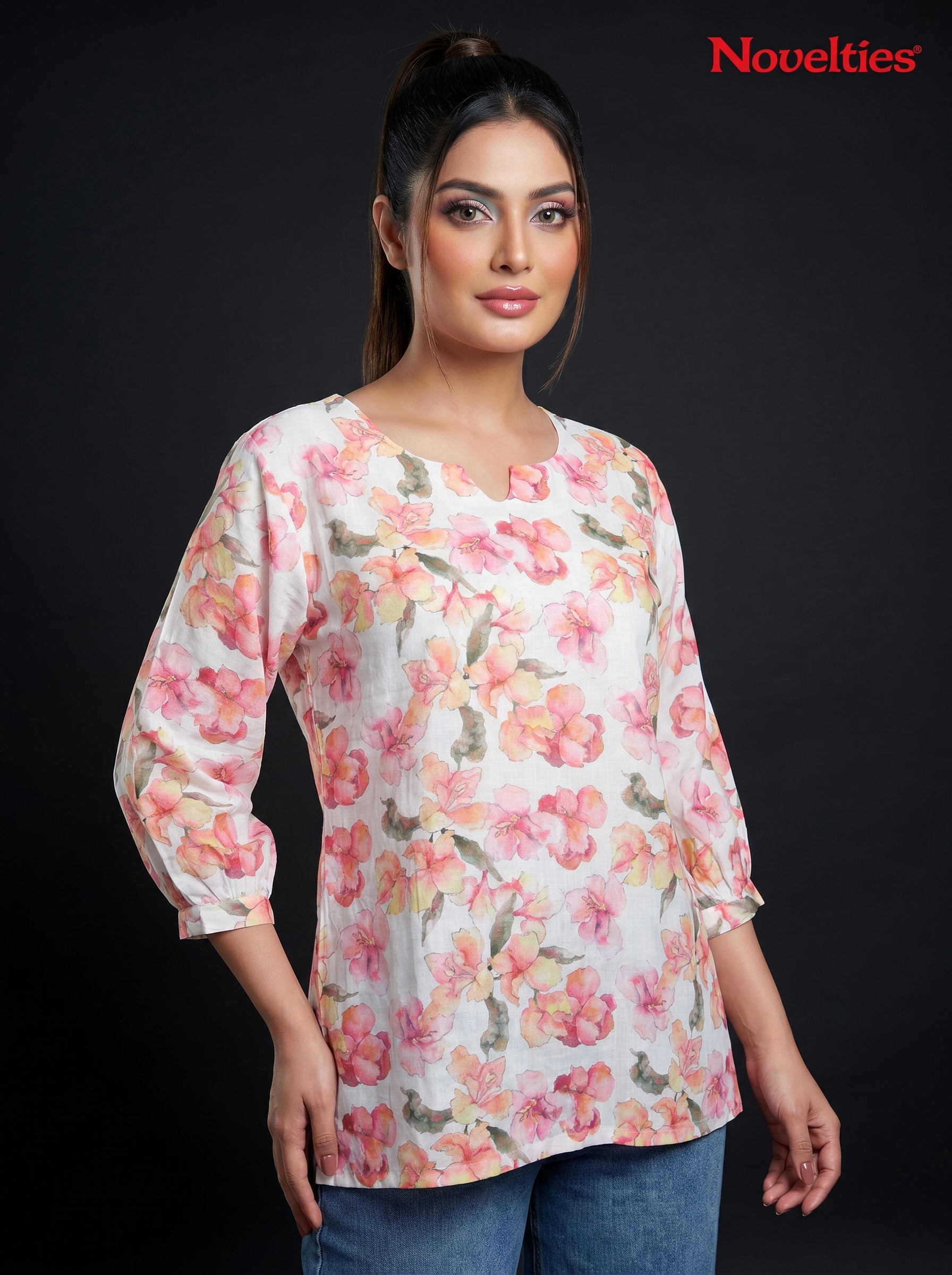 Watercolour Floral Print Round Neck Peplum Top
