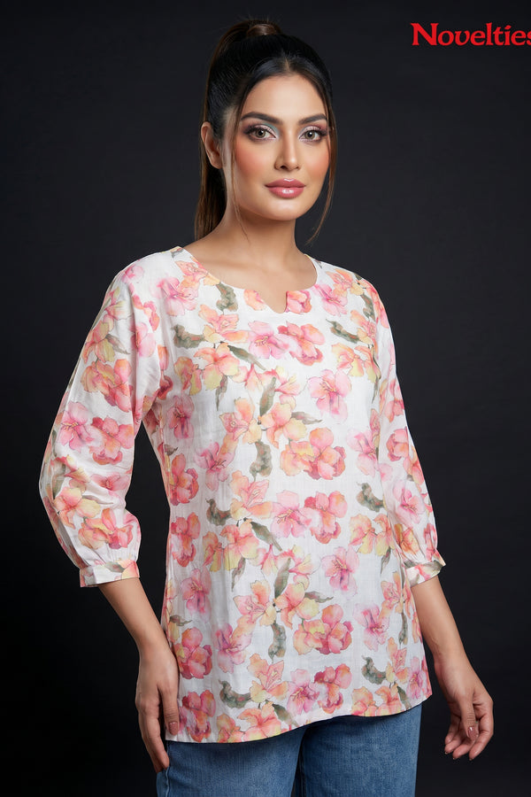 Watercolour Floral Print Round Neck Peplum Top