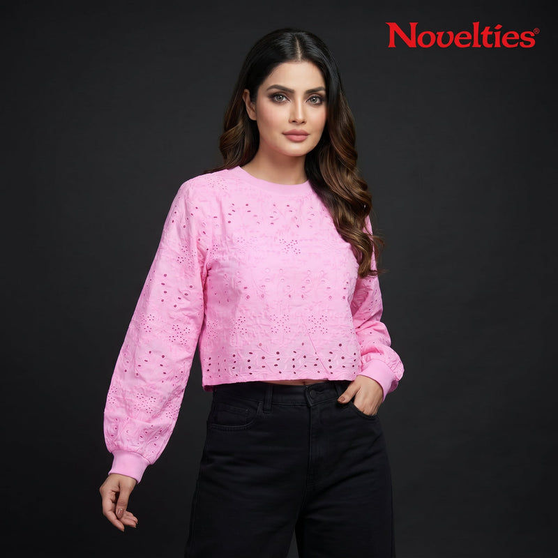 Pink Schiffli Eyelet Embroidered Puff Sleeve Crop Top
