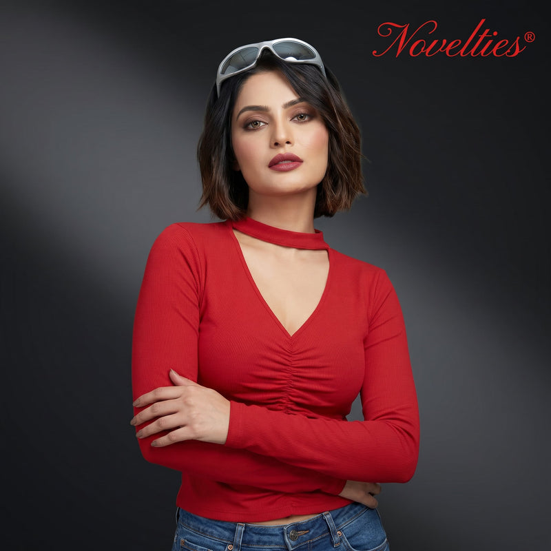 Choker Neck Ruched Full Sleeve Crop Top