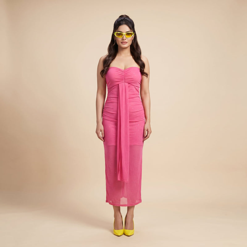 Hot Pink Ruched Mesh Midi Dress