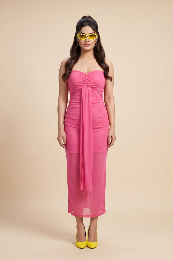 Hot Pink Ruched Mesh Midi Dress