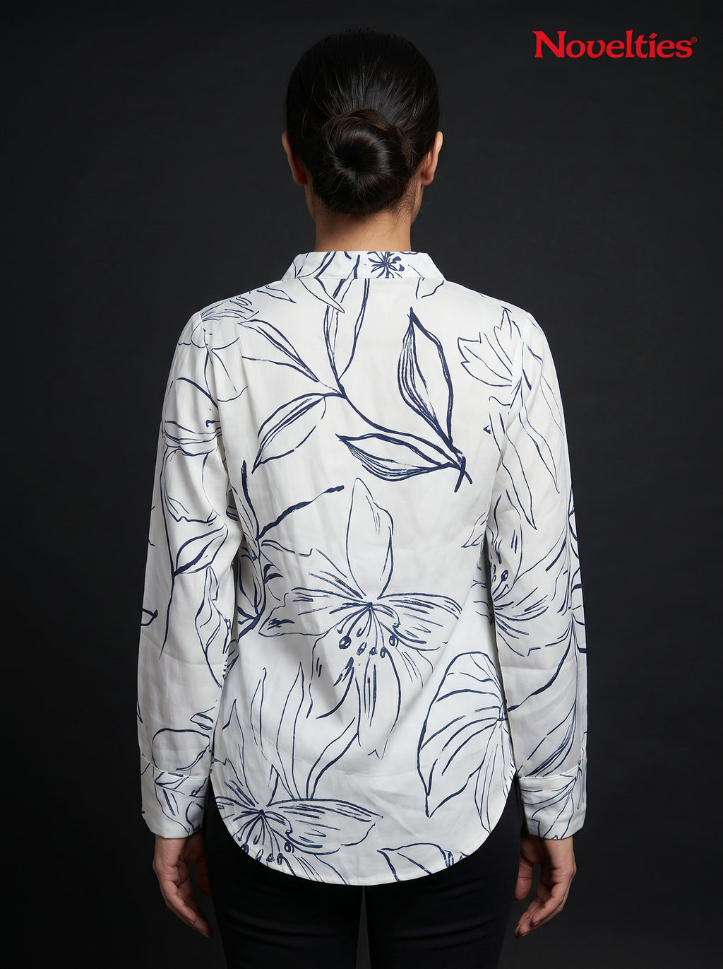 Botanical Sketch Print V-Neck Top with Pearl Brooch