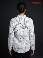 Botanical Sketch Print V-Neck Top with Pearl Brooch